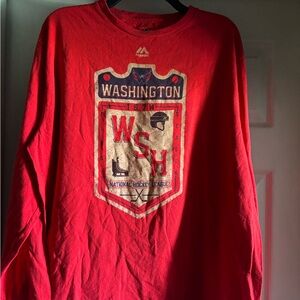 Majestic Red Washington Long Sleeve Hockey Tee with Crest Graphic